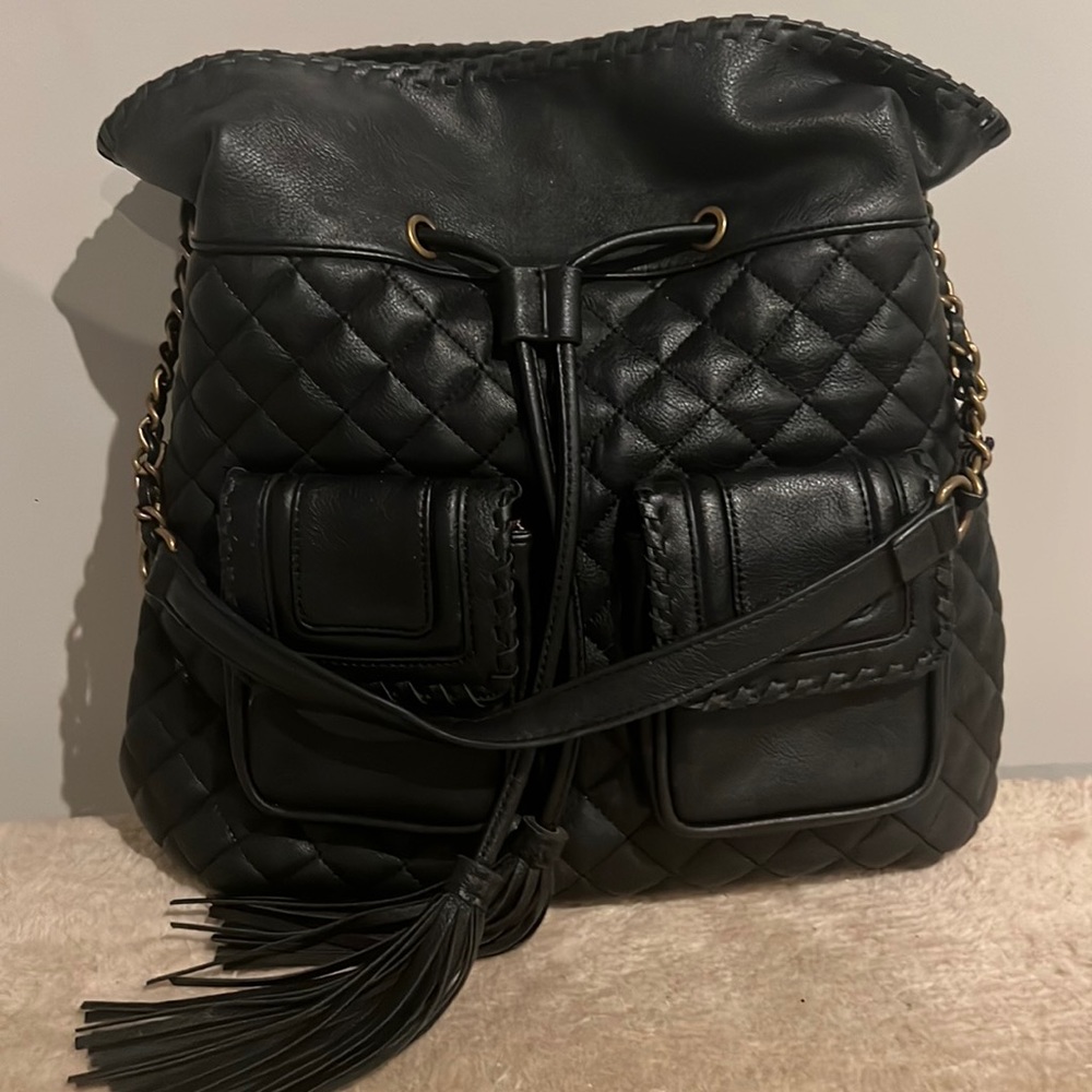 Big Buddha- Black quilted faux leather hobo with tassels